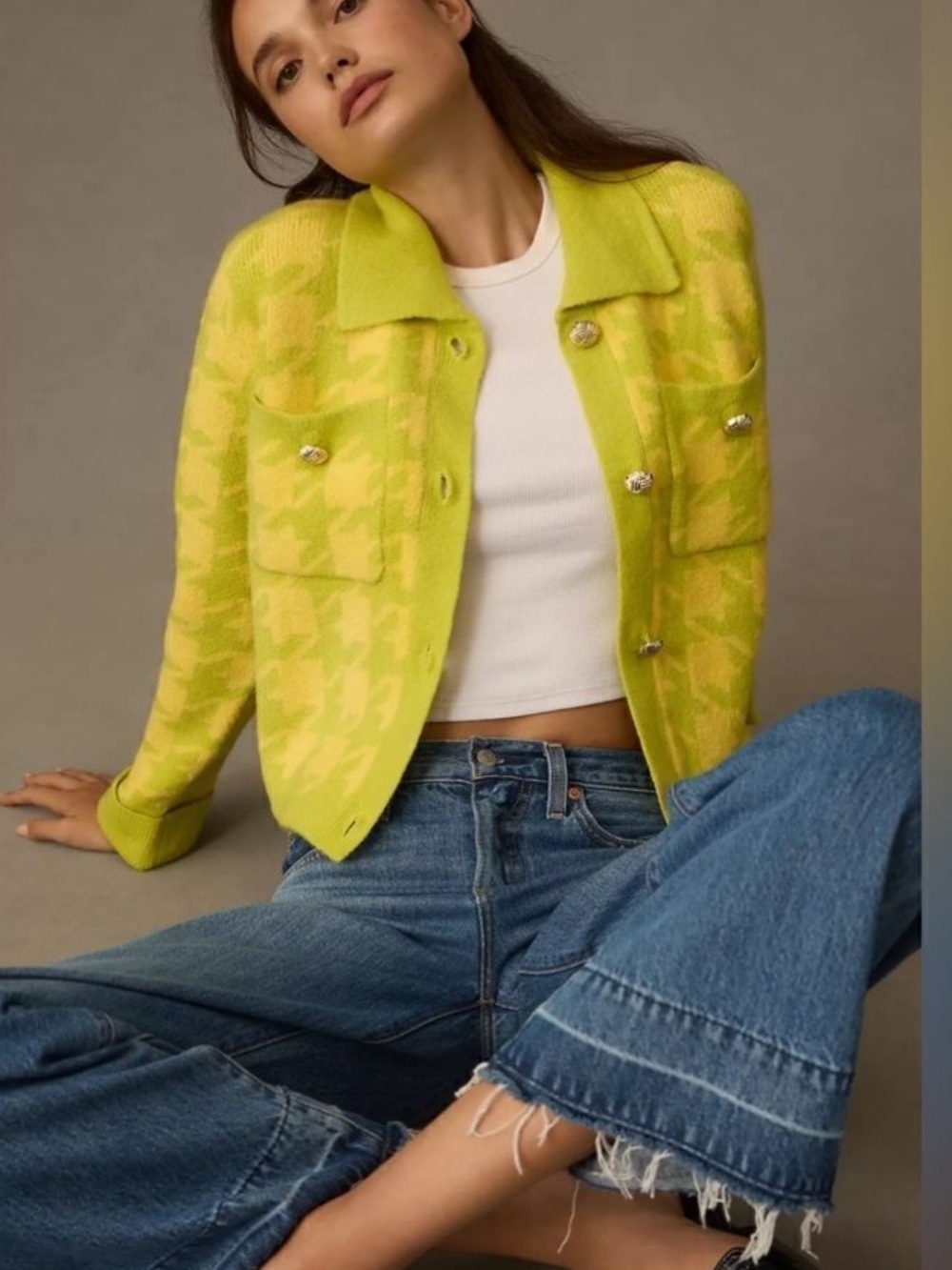 English Factory Neon Lime Houndstooth Knit Jacket - Women's